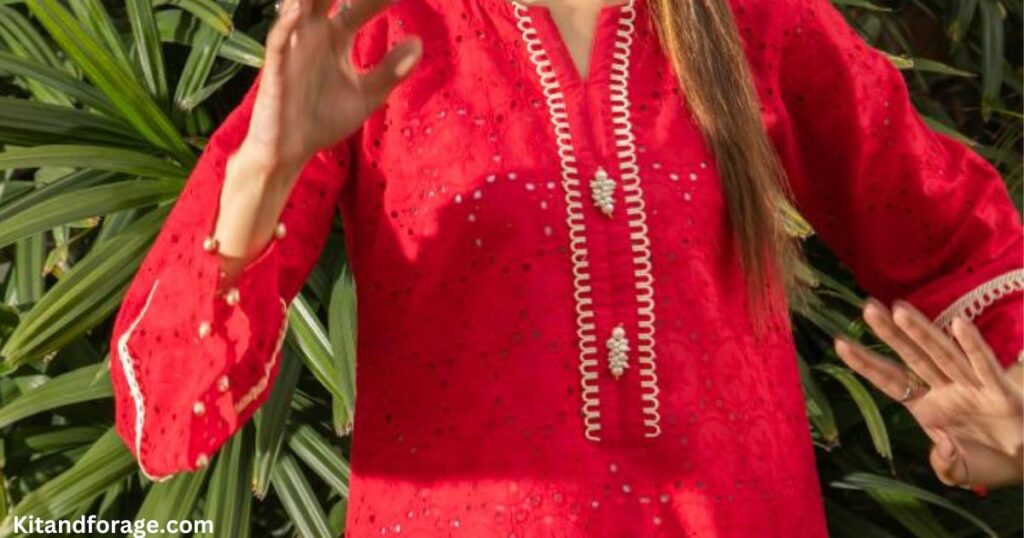 a model wearing the red Chikankari Shirts